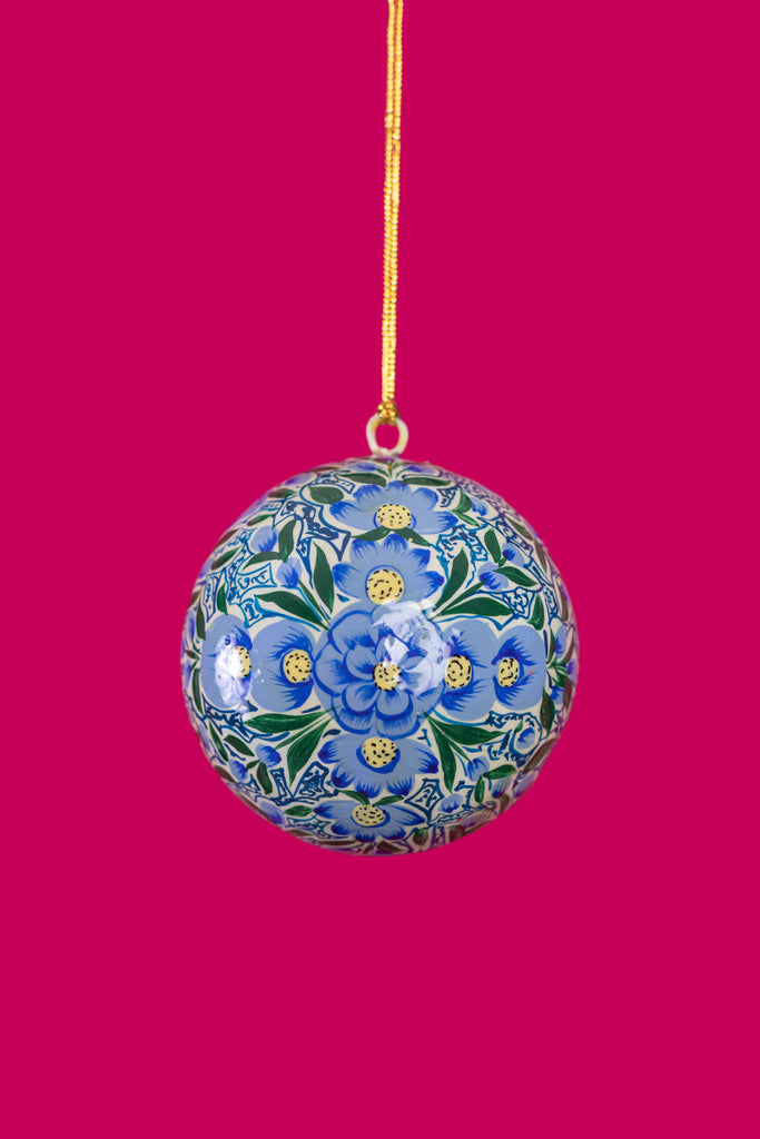Hand Painted Floral Blue & Green Christmas Bauble | Birch&Yarn