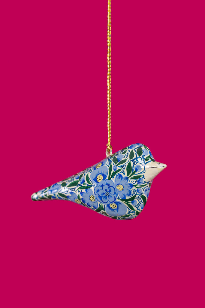 Blue & Green Floral Print Christmas Hanging Bird | Birch&Yarn
