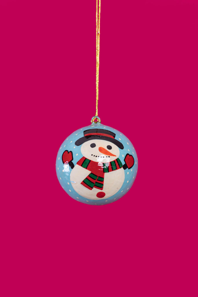 Hand Painted Snowman Sky Blue Christmas Bauble | Birch&Yarn