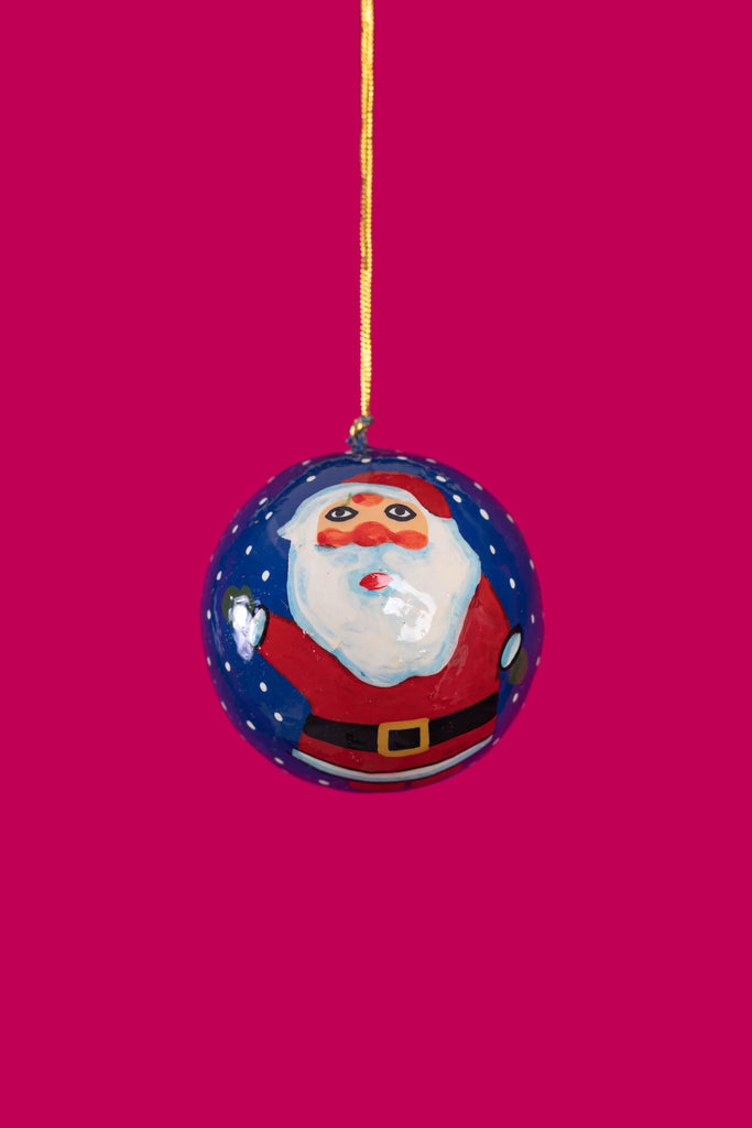 Hand Painted Blue Christmas Bauble With Santa | Birch&Yarn