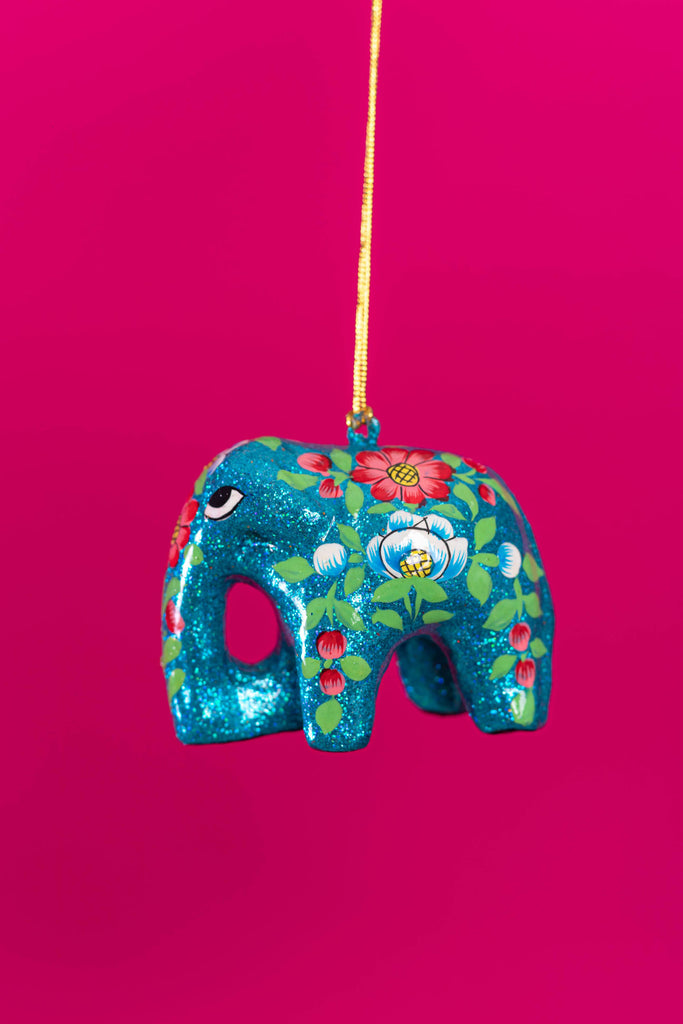 Hand Painted Floral Blue Christmas Hanging Elephant | Birch&Yarn