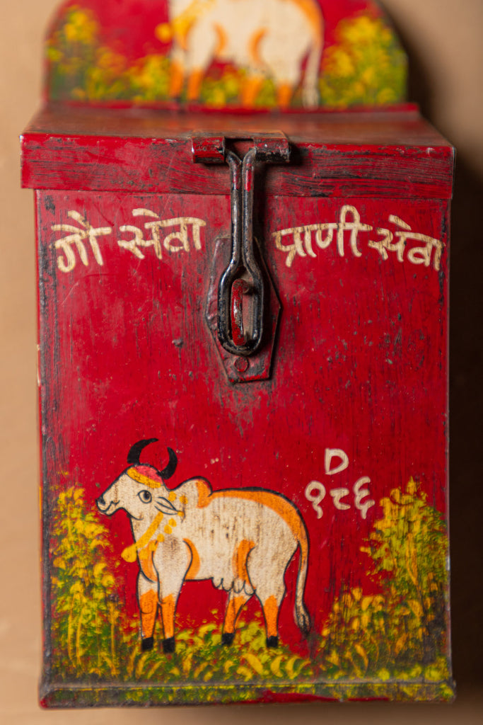 Red Cow Print Vintage Iron Donation Box