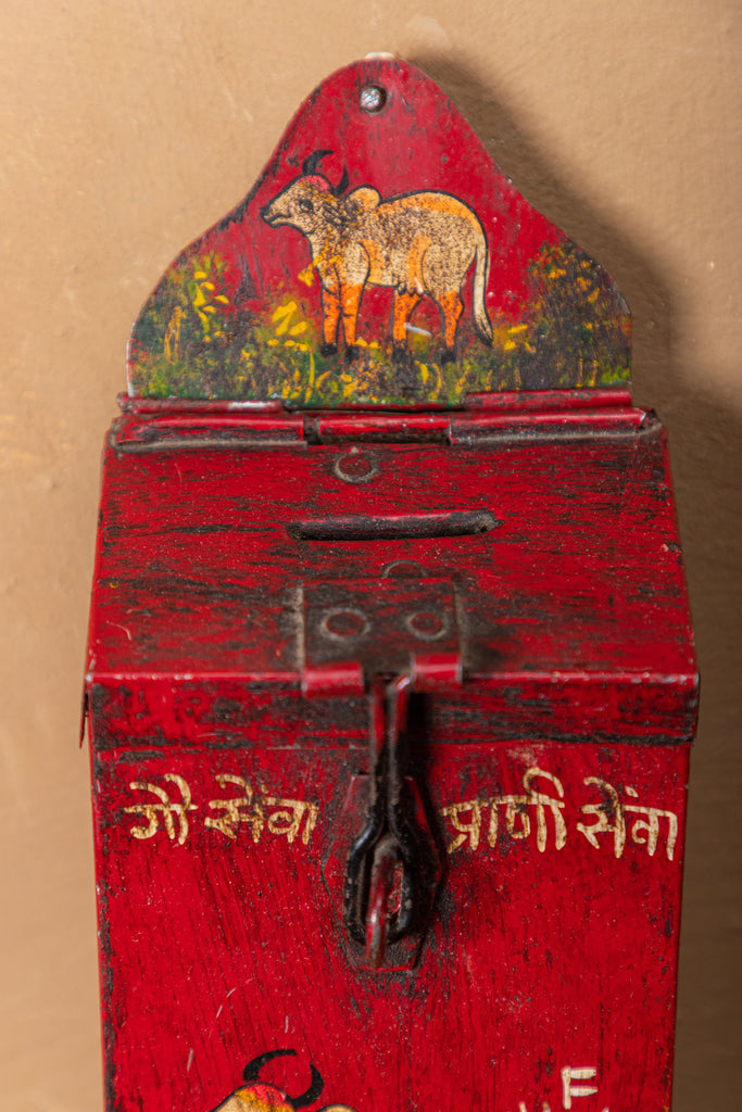Red Cow Print Vintage Iron Donation Box