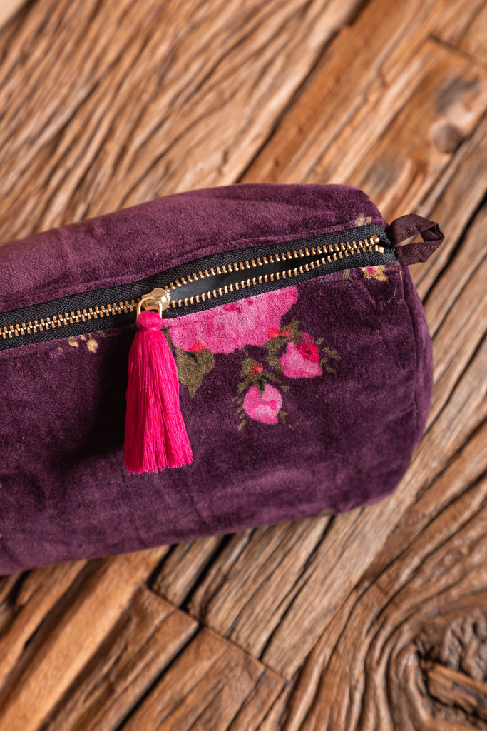 Plum Floral Cotton Velvet Beauty Bag