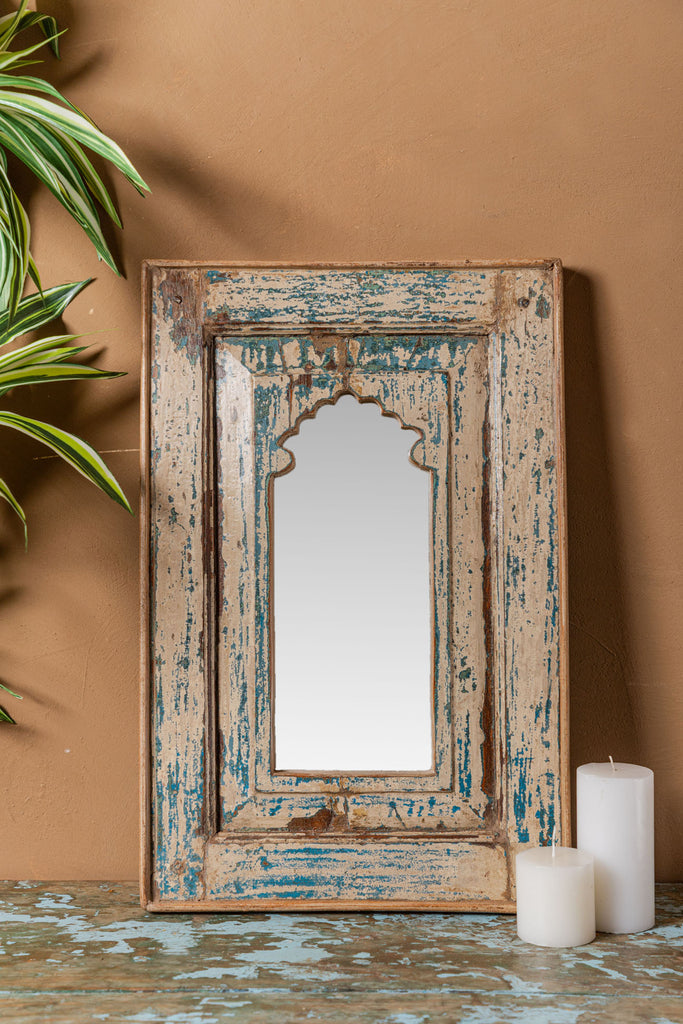 Blue-Beige Vintage Arched Wooden Mirror