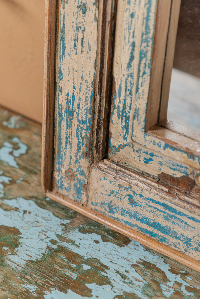 Blue-Beige Vintage Arched Wooden Mirror