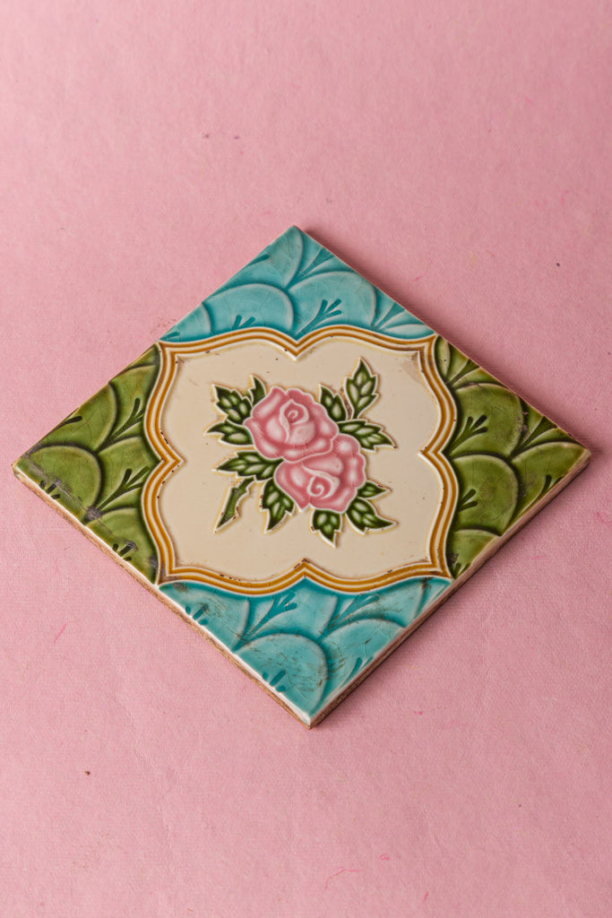 Floral Hand Carved Vintage Ceramic Tile