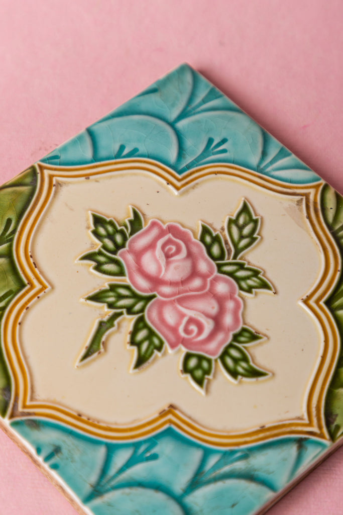 Floral Hand Carved Vintage Ceramic Tile