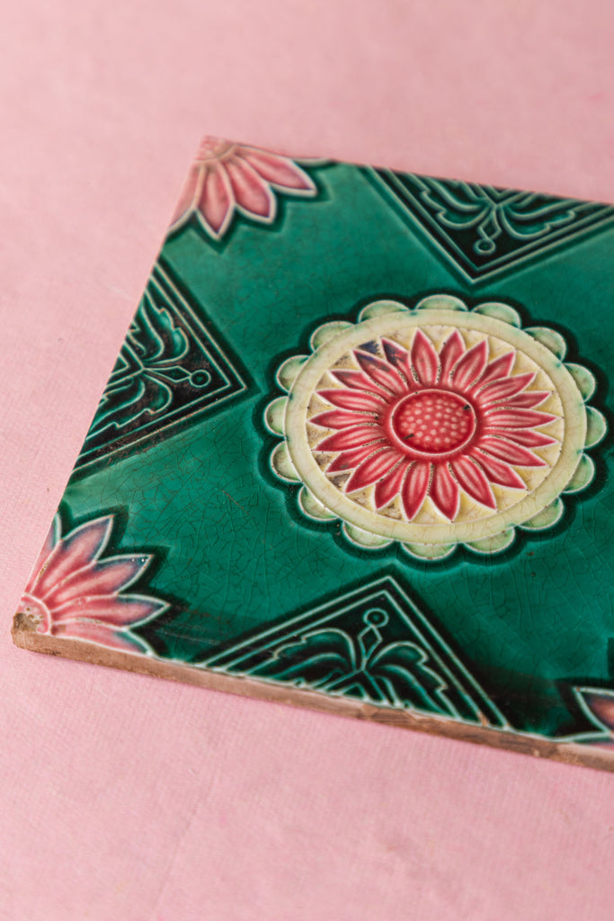 Green Floral Printed Vintage Ceramic Tile
