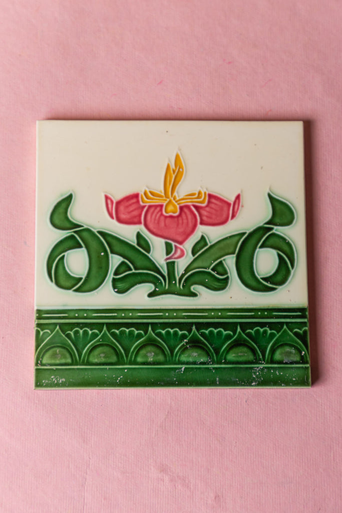 White Green Floral Printed Vintage Ceramic Tile