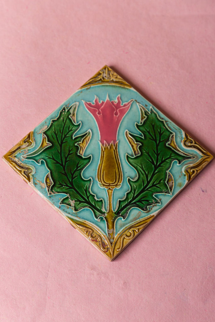 Floral Blue Base Hand Carved Vintage Ceramic Tile
