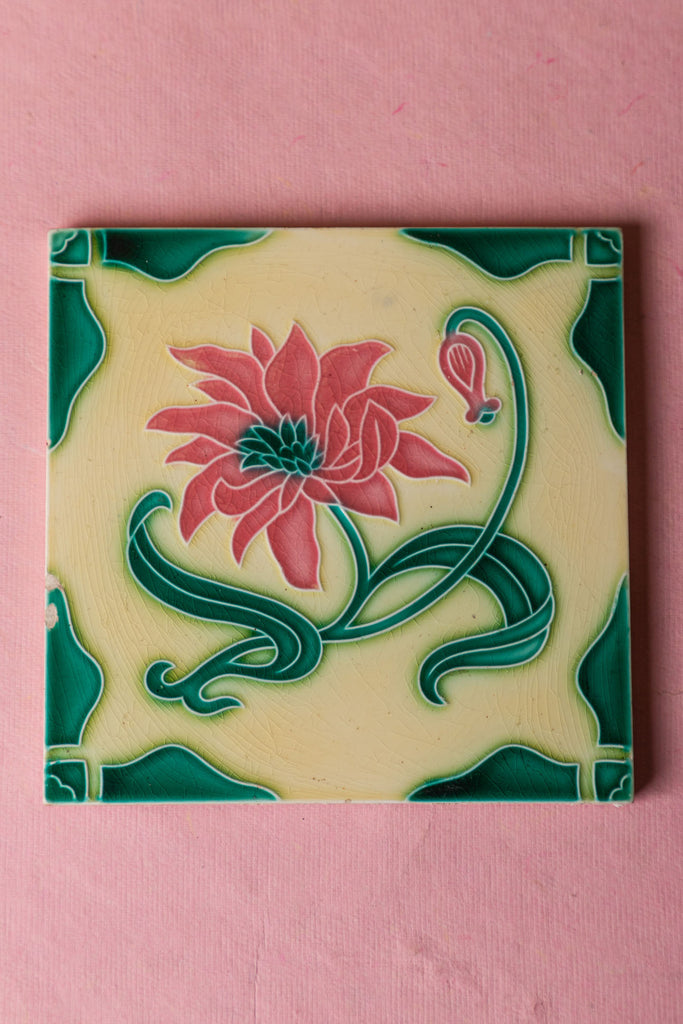 Green Laminated Floral Print Vintage Ceramic Tile