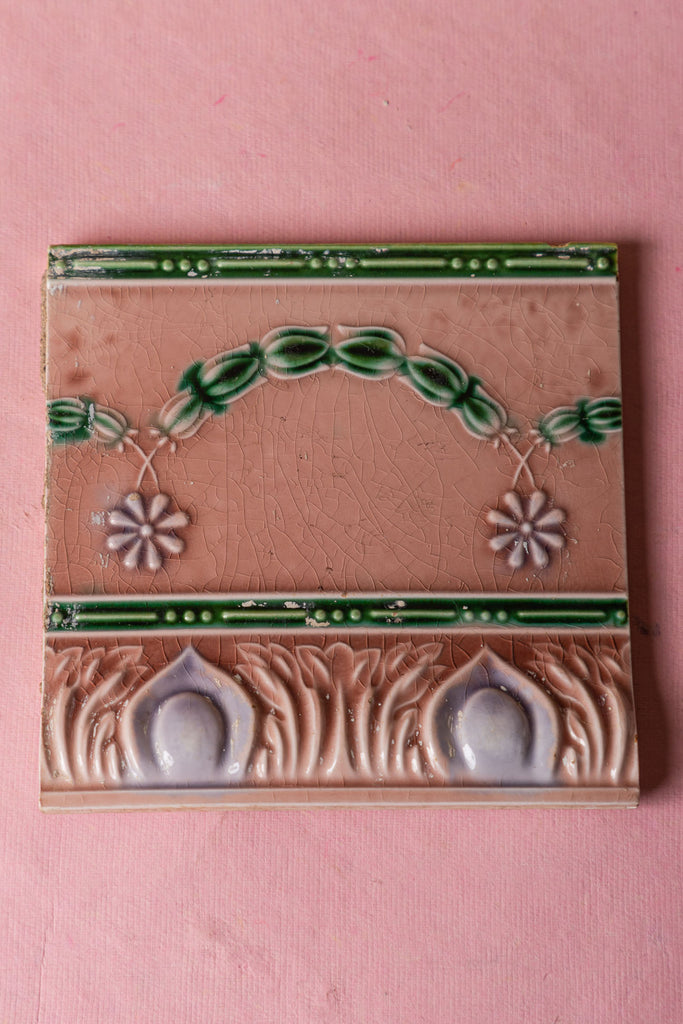 Pink Green Floral Printed Vintage Ceramic Tile