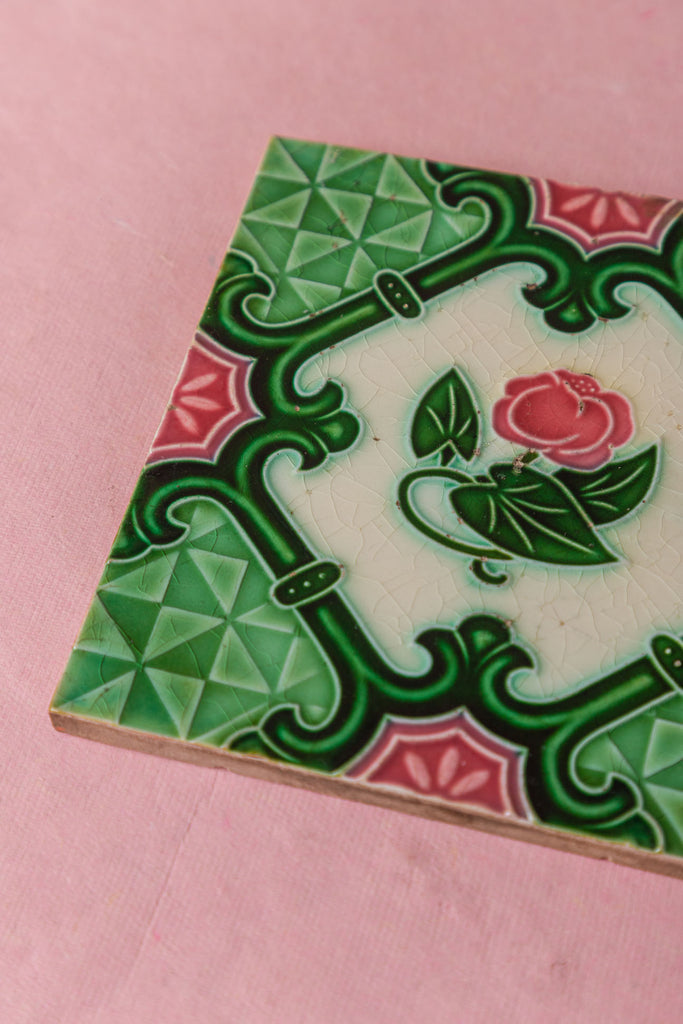 Green Pink Floral Rangoli Printed Vintage Ceramic Tile