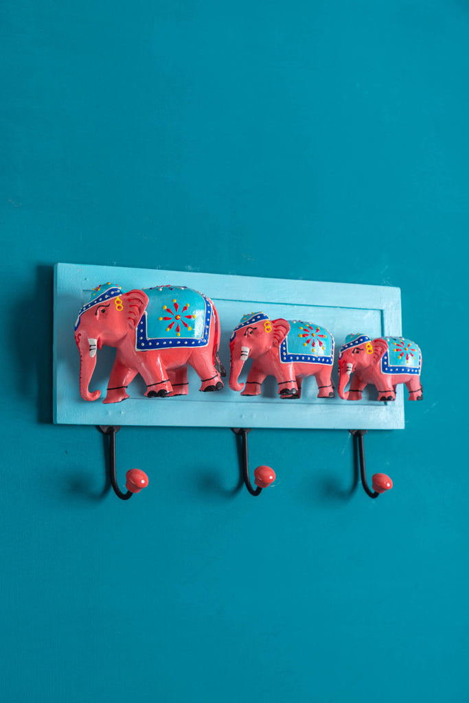Blue Hand Painted 3 Elephants Board Hook