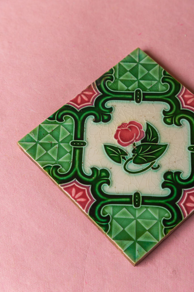 Green Pink Floral Rangoli Printed Vintage Ceramic Tile