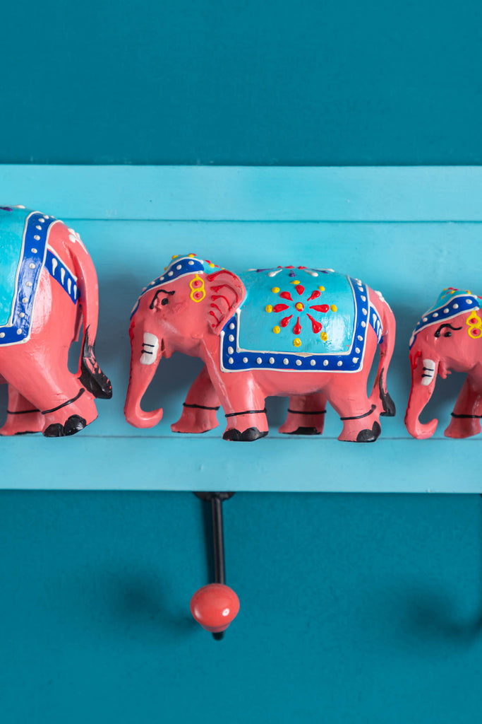 Blue Hand Painted 3 Elephants Board Hanger