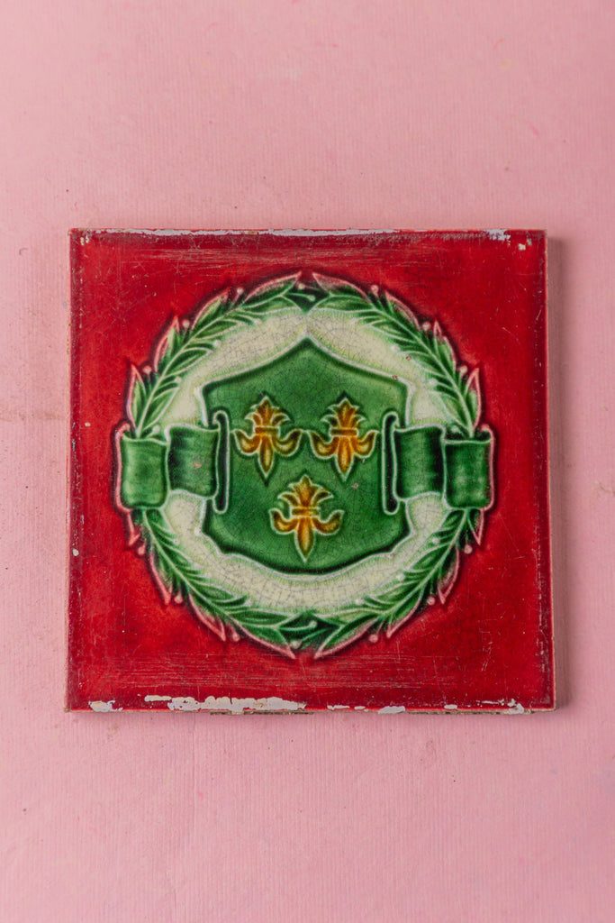 Red Green Floral Printed Vintage Ceramic Tile