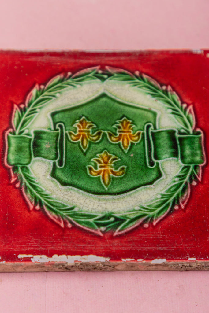 Red Green Floral Printed Vintage Ceramic Tile