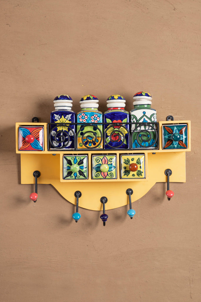 Yellow Wooden Spice Rack with Jars, Drawers & Hooks