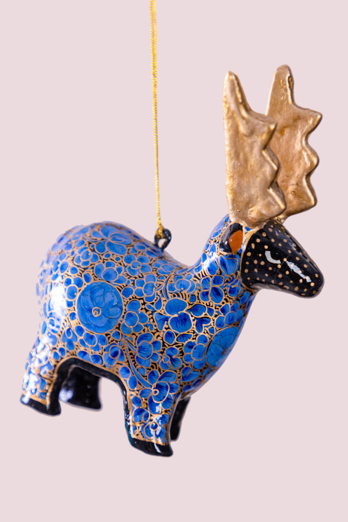 Blue & Gold Floral Print Christmas Hanging Reindeer | Birch&Yarn