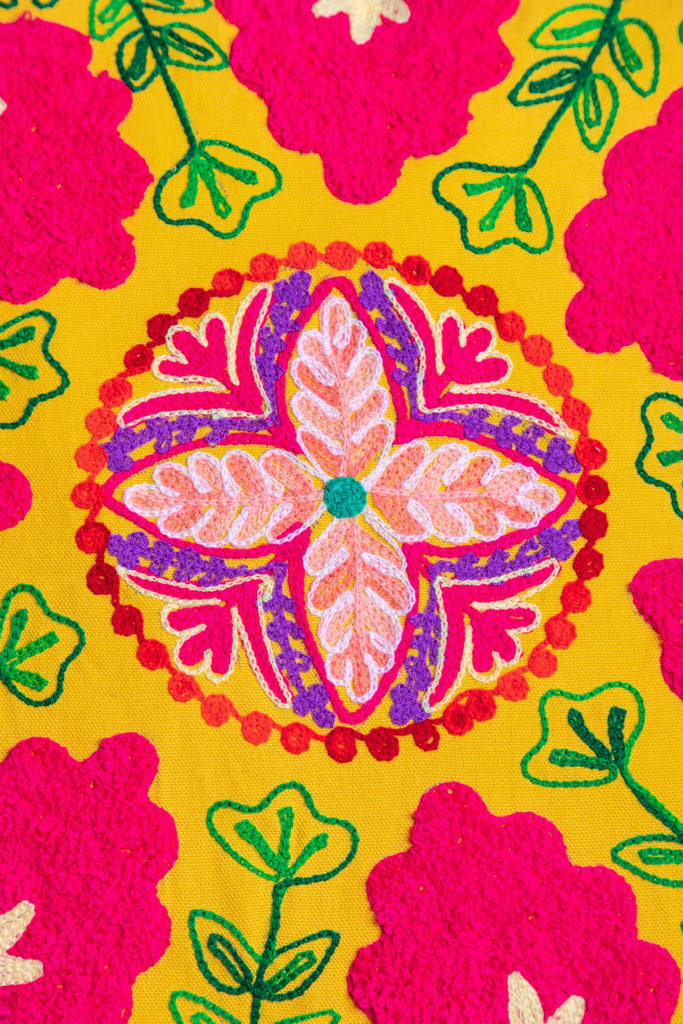 Hand Embroidered Garland Yellow Cotton Cushion Cover | Birch&Yarn