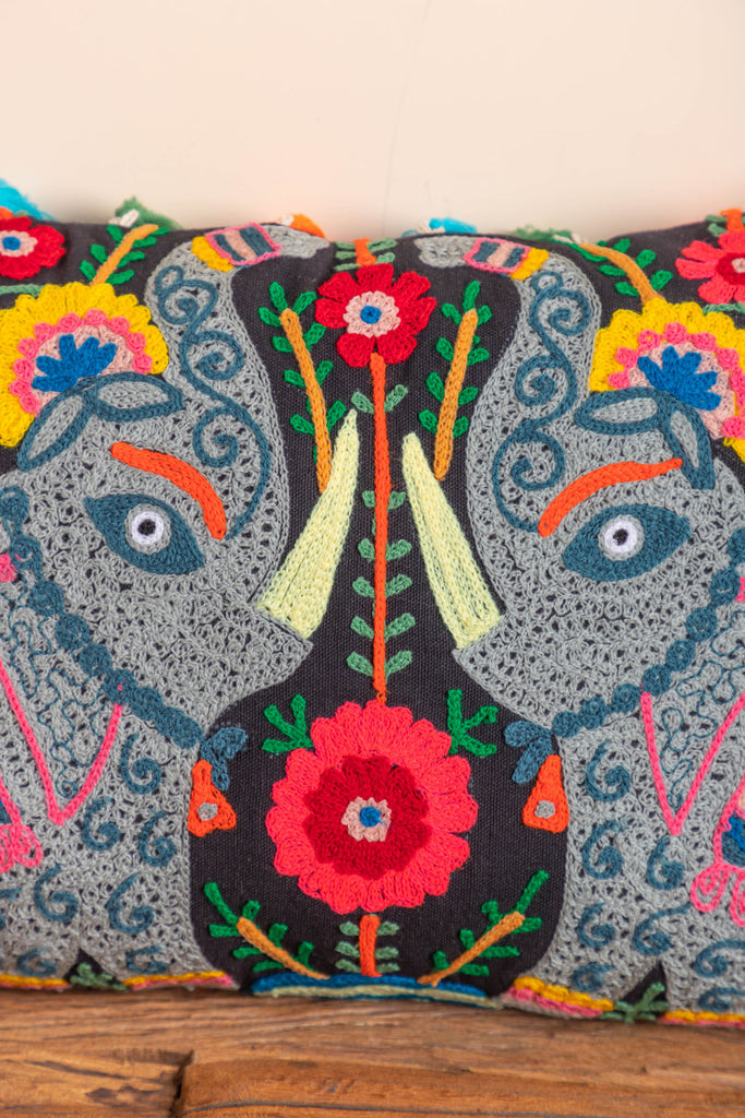 Black Trunk-Up Elephant Embroidered Cushion Cover