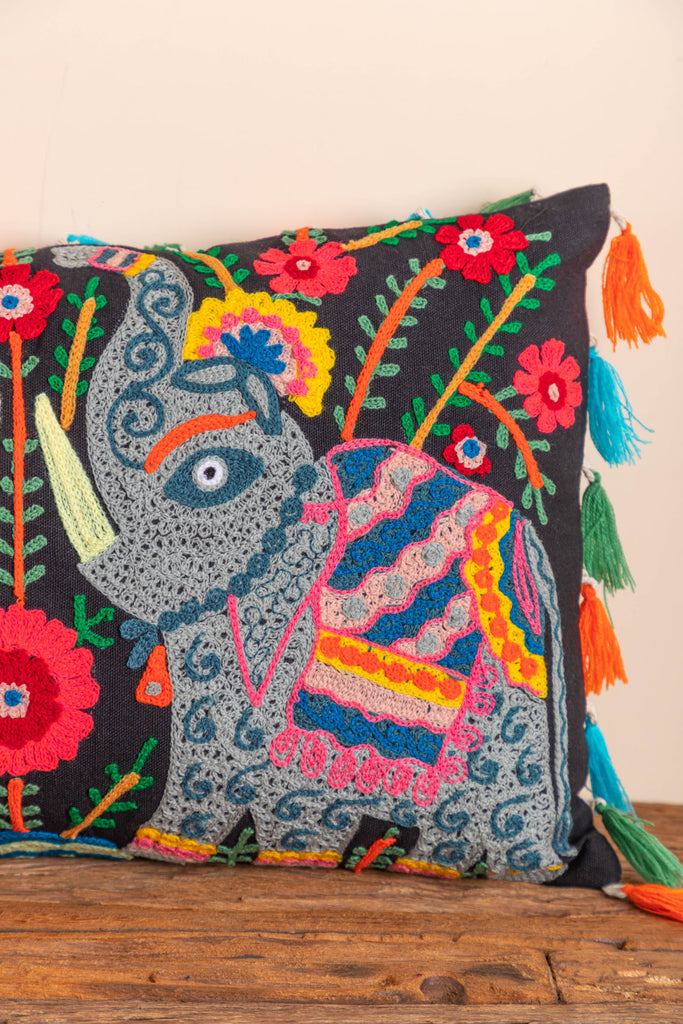 Black Trunk-Up Elephant Embroidered Cushion Cover