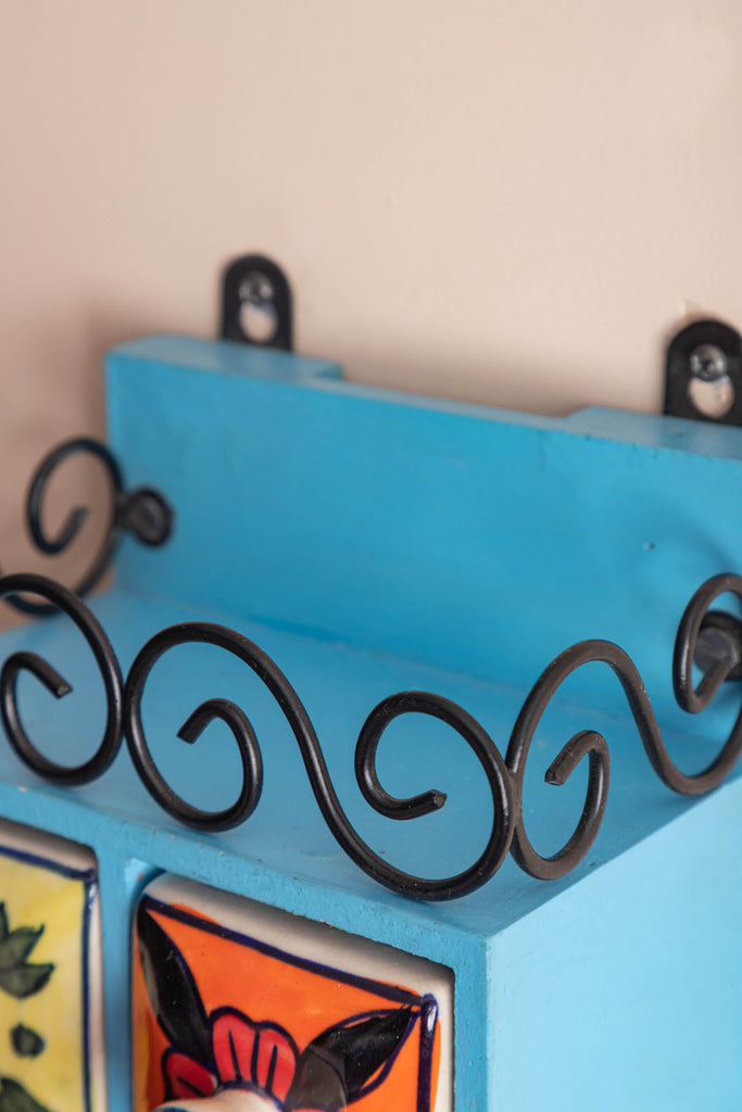 Blue Wooden Spice Rack with Drawers, Jars & Hooks