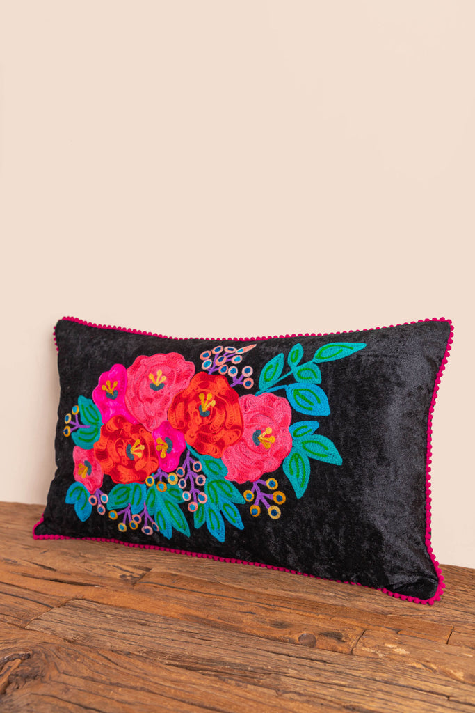 Floral Embroidered Black Cotton Velvet Cushion Cover | Birch&Yarn