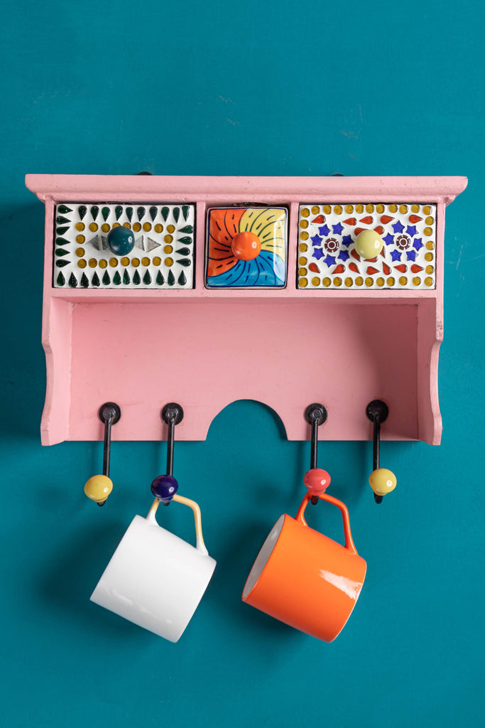 Pink Wooden Spice Rack with Drawers & Hooks