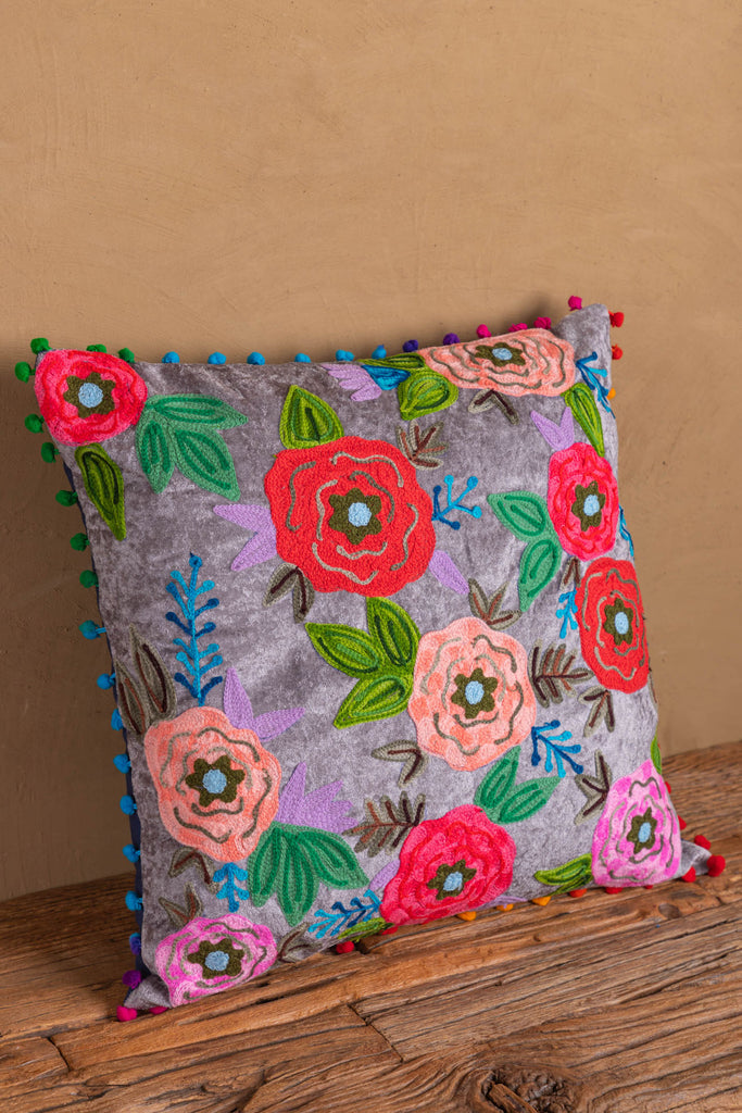 Floral Embroidered Grey Cotton Velvet Cushion Cover | Birch&Yarn