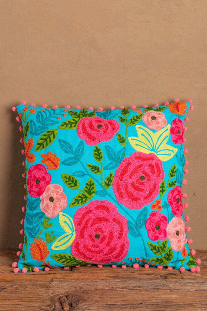 Turquoise Floral Embroidered Cotton Cushion Cover