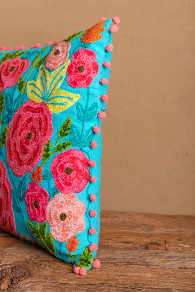 Turquoise Floral Embroidered Cotton Cushion Cover