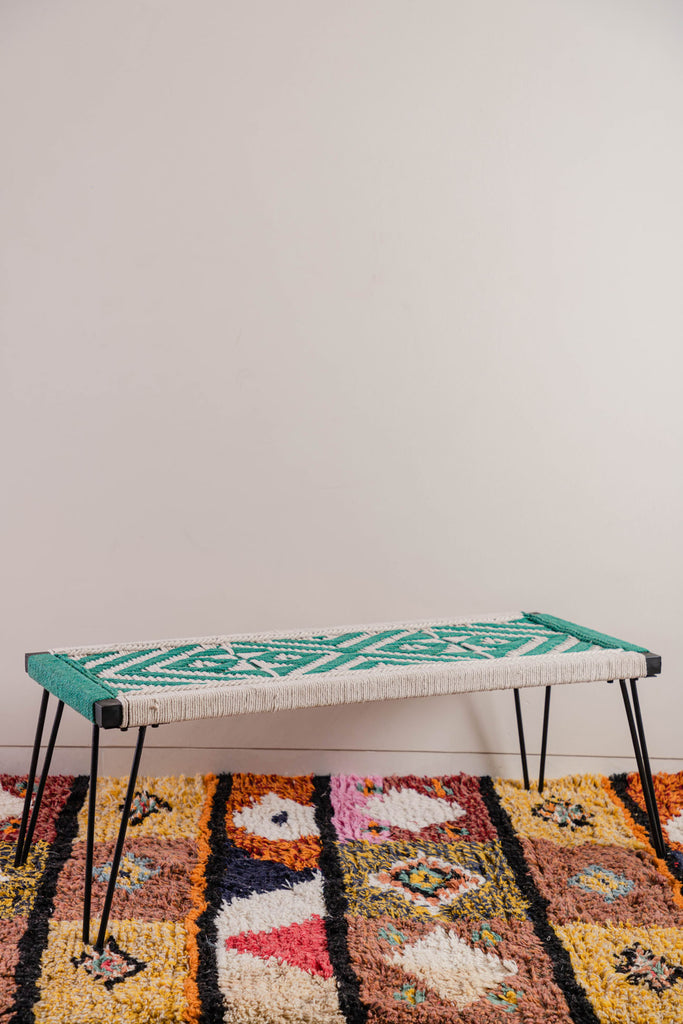 Green & White Recycled Cotton Hand Strapped Bench | Birch&Yarn