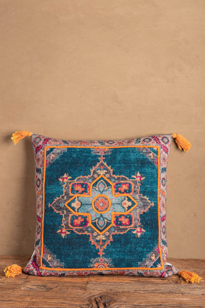 Hand Embroidered Mandala Teal Cotton Cushion Cover | Birch&Yarn
