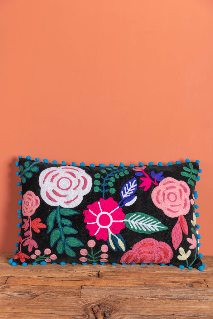 Hand Embroidered Cotton Black Velvet Cushion Cover | Birch&Yarn