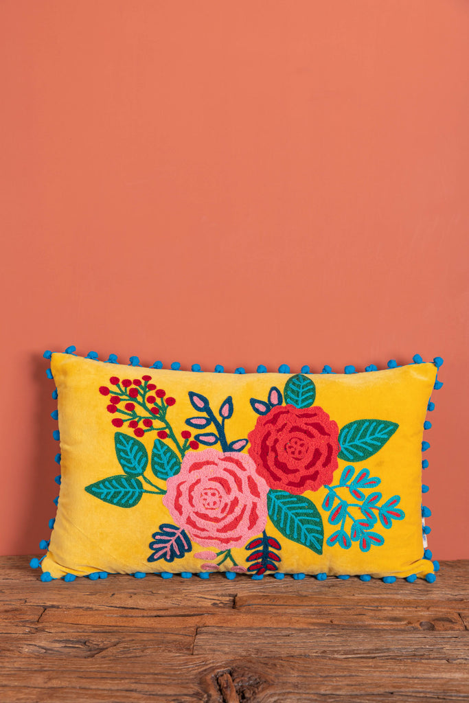 Saffron Floral Embroidered Cotton Velvet Cushion