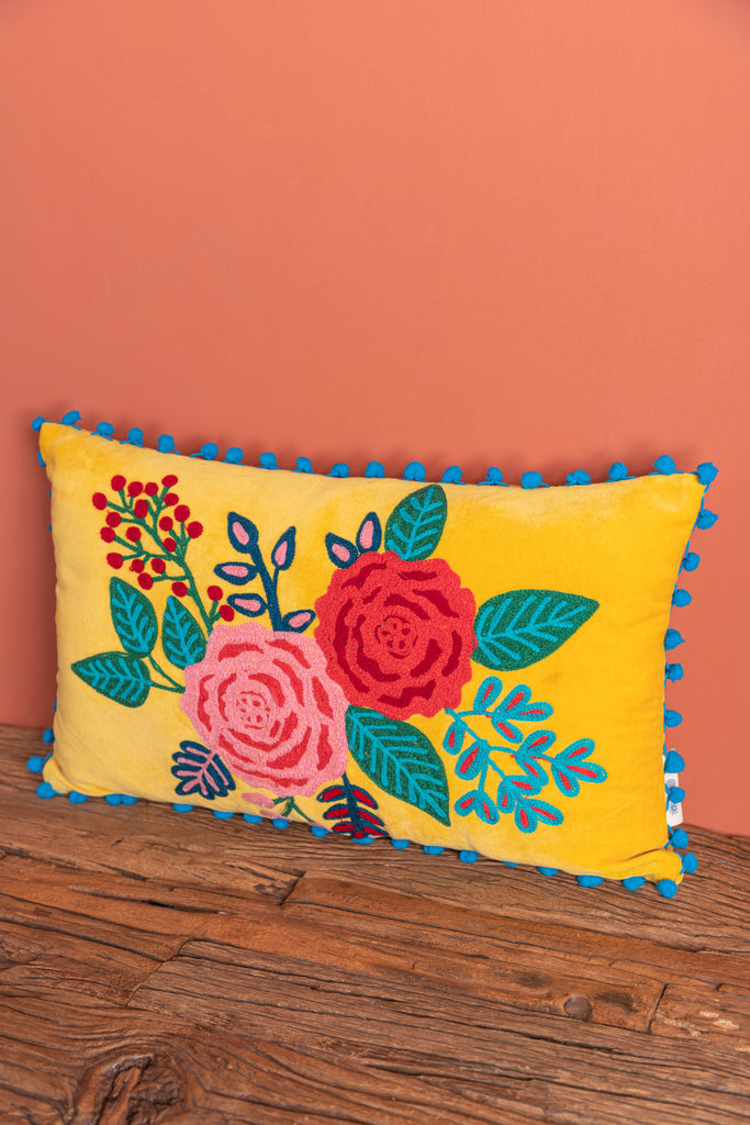 Saffron Floral Embroidered Cotton Velvet Cushion