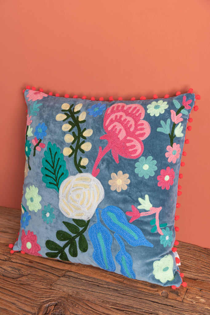 Smoke Blue Floral Embroidered Cotton Velvet Cushion Cover