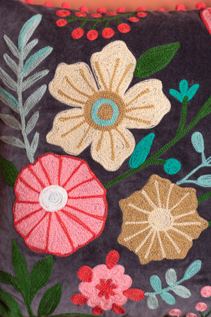 Hand Embroidered Dark Grey Cotton Velvet Cushion Cover | Birch&Yarn