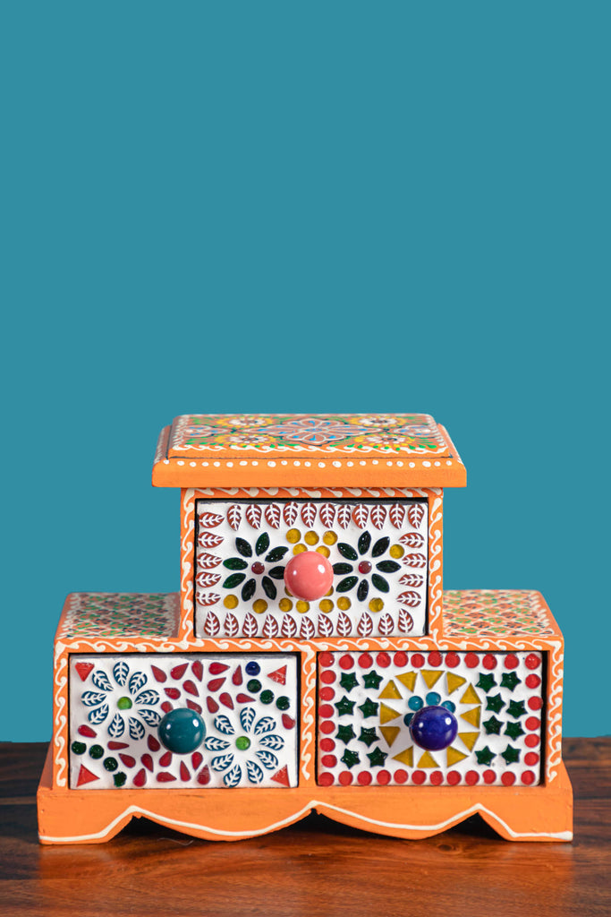 Orange Mosaic Pattern 3 Drawer Wooden Spice Box