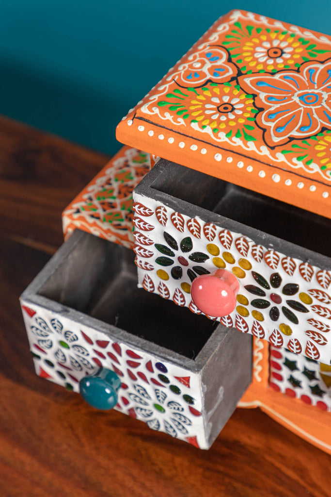 Orange Mosaic Pattern 3 Drawer Wooden Spice Box