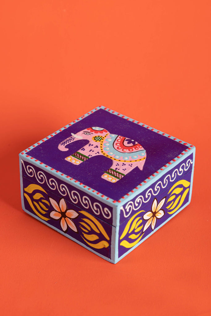 Hand Painted Elephant Blue Cube Shaped Mango Wood Box | Birch&Yarn