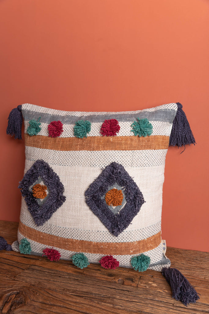 Hand Embroidered Grey & White Cotton Cushion Cover | Birch&Yarn