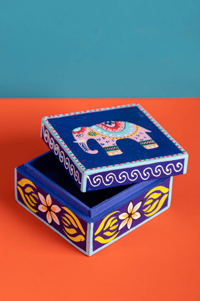 Hand Painted Elephant Blue Cube Shaped Mango Wood Box | Birch&Yarn