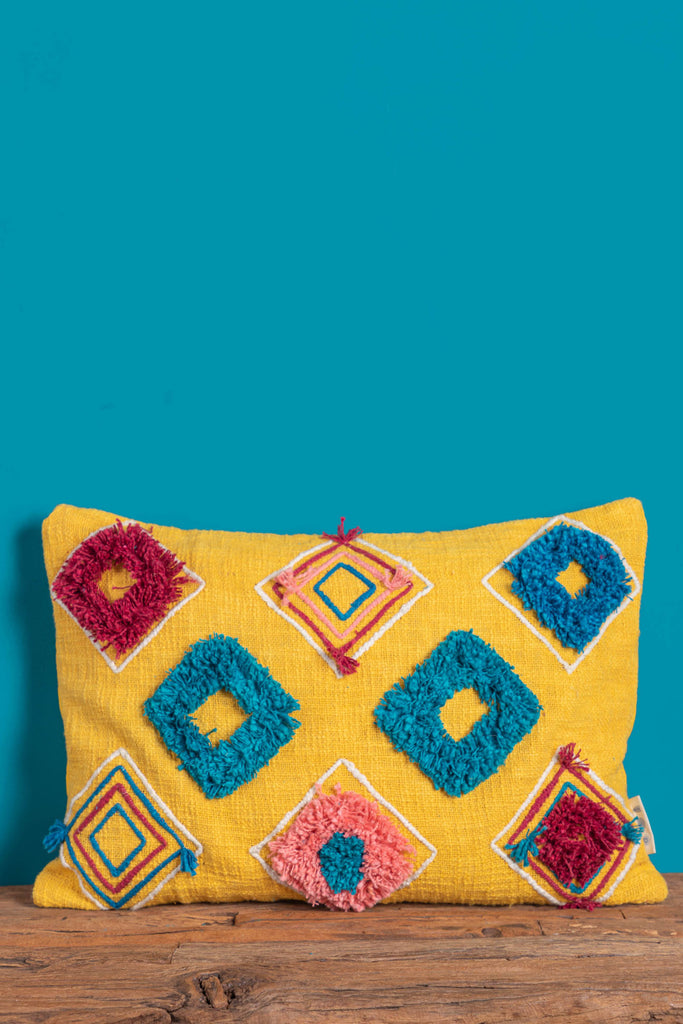 Hand Embroidered Squares Yellow Cotton Cushion Cover | Birch&Yarn