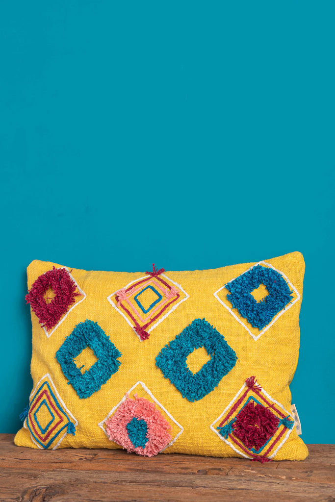 Hand Embroidered Squares Yellow Cotton Cushion Cover | Birch&Yarn