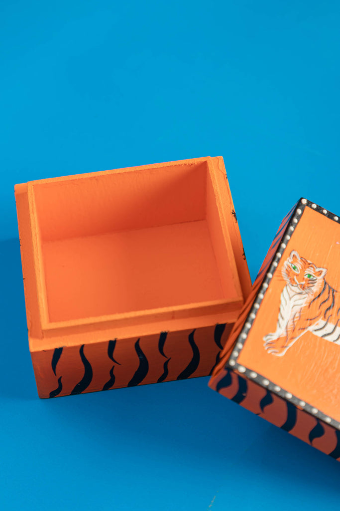 Hand Painted Tiger Orange Cube Shaped Mango Wood Box | Birch&Yarn