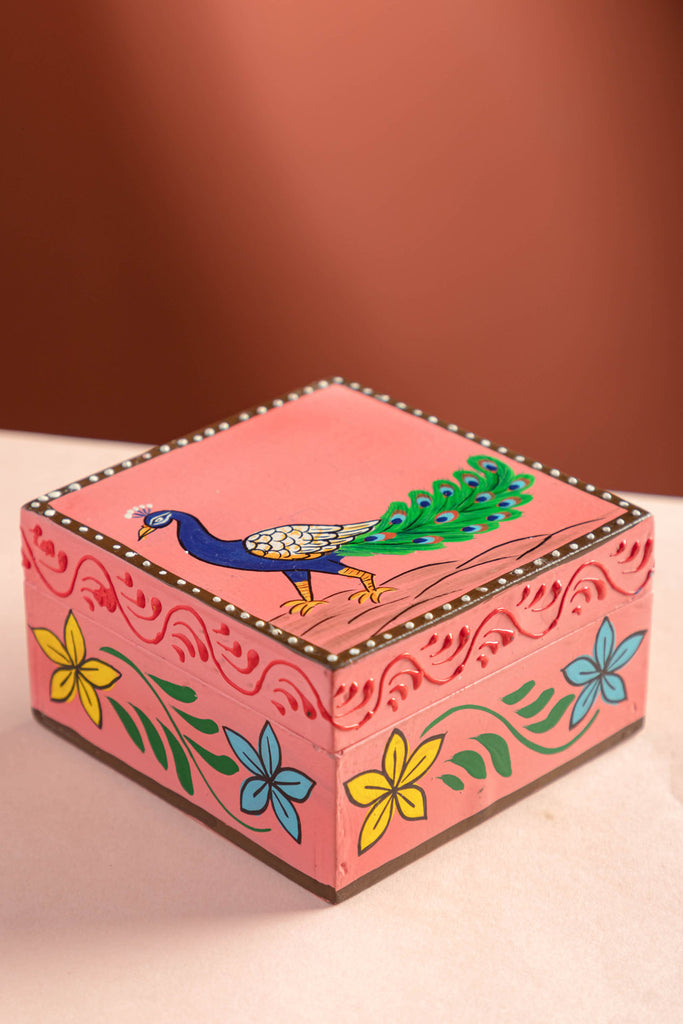 Hand Painted Peacock Pink Cube Shaped Mango Wood Box | Birch&Yarn